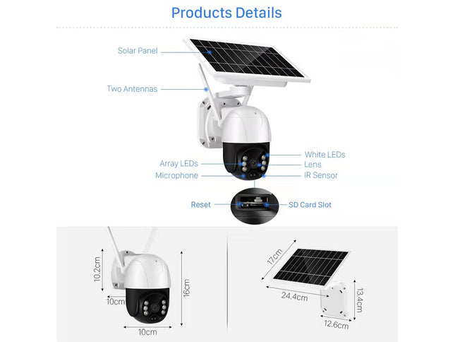 Solar-powered security camera with labeled parts on a white background