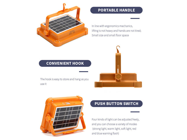Orange portable solar light with features highlighted on a white background