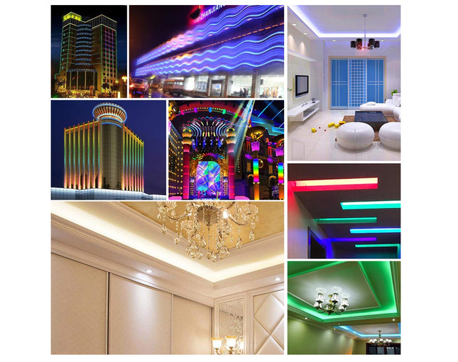 Collage of various indoor lighting fixtures and environments.