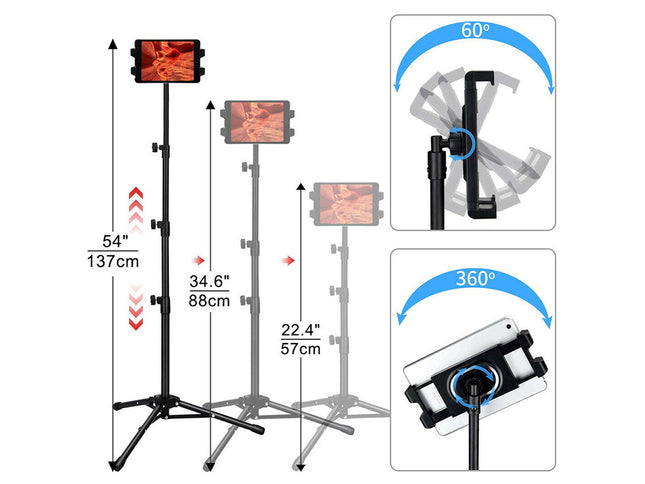 Light stand with adjustable arm and height measurements on a white background