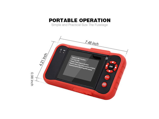 Red diagnostic tool with dimensions on a white background