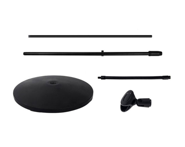 Black stand with circular base and three extension poles on a white background