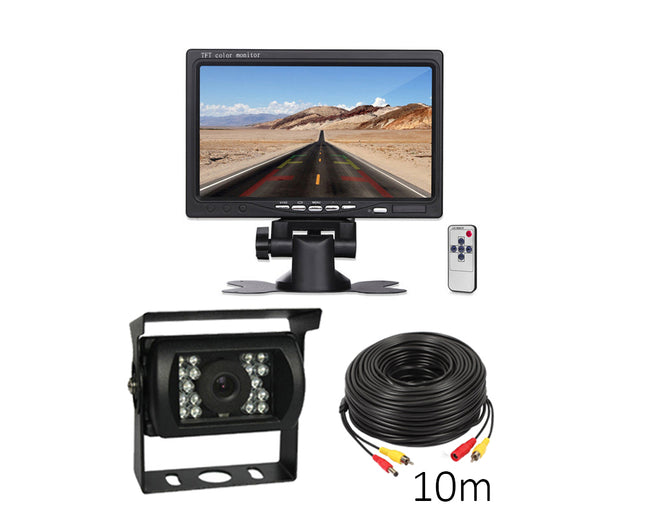 Car reverse camera system with monitor, camera, and cable on a white background