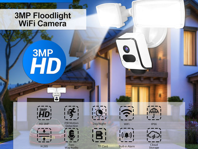 3MP Floodlight WiFi Camera with features highlighted on a blurred background of a house.