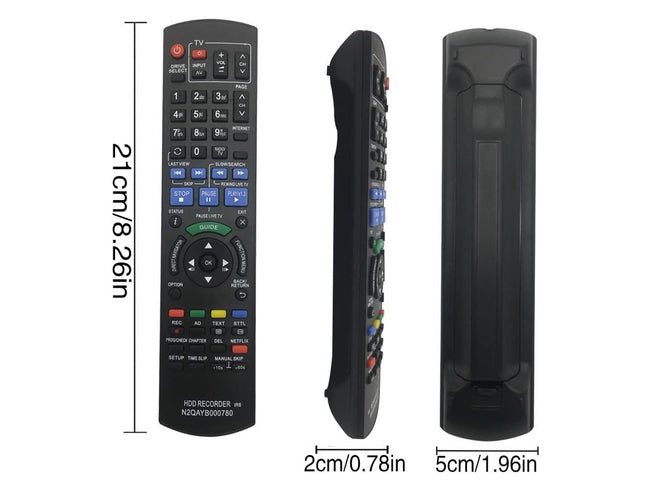 Black remote control with measurements on a white background