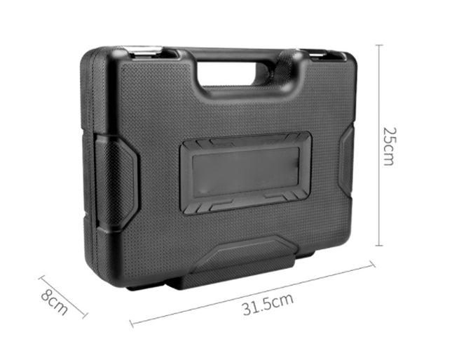 Black hard-shell carrying case with dimensions indicated on a white background