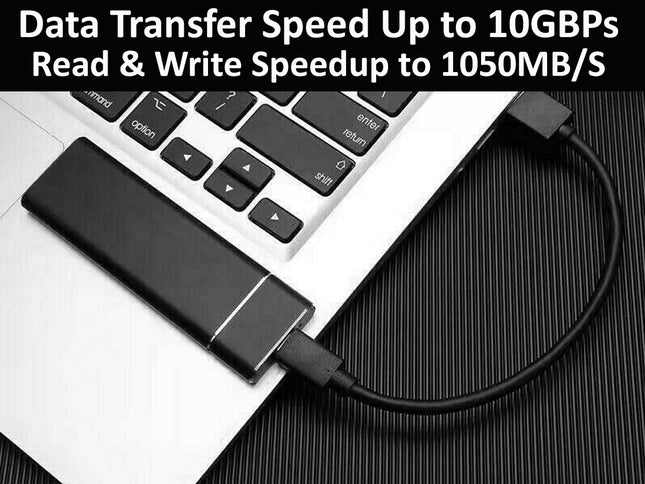USB drive connected to a laptop with text about data transfer speeds.