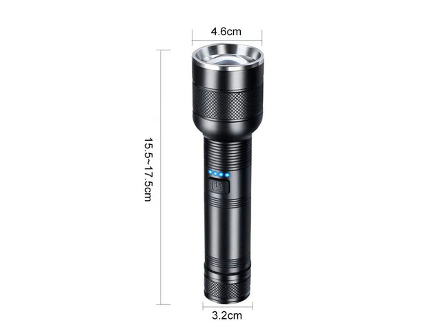 Black flashlight with dimensions labeled on a white background