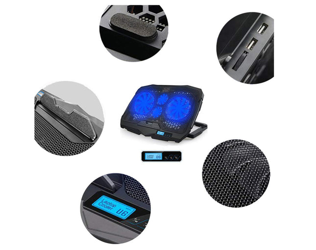 Black laptop cooling pad with blue LED display on a white background