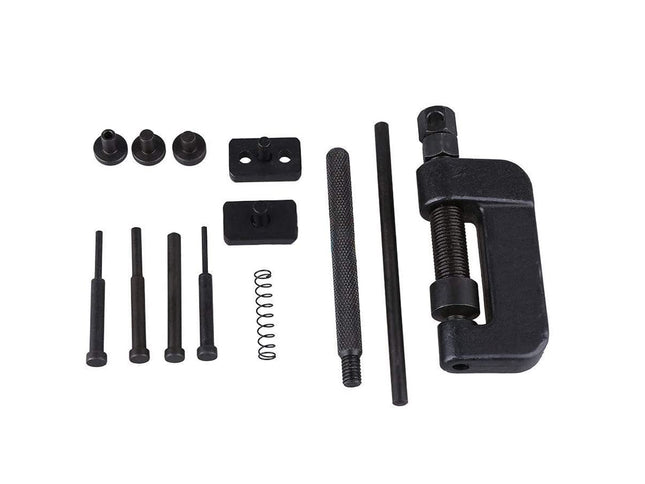 Set of black mechanical parts on a white background