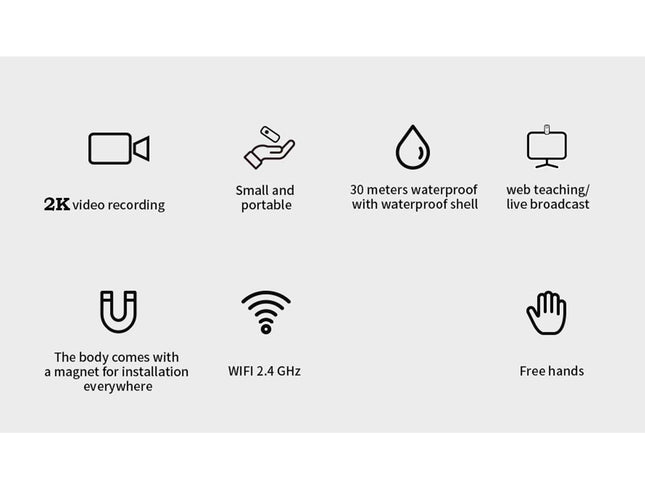 Set of icons and text describing features on a white background