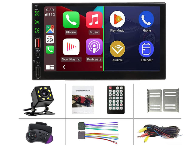 Car multimedia system with touchscreen display, camera, and accessories on a white background