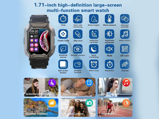 Smartwatch with various functions displayed on a blue background