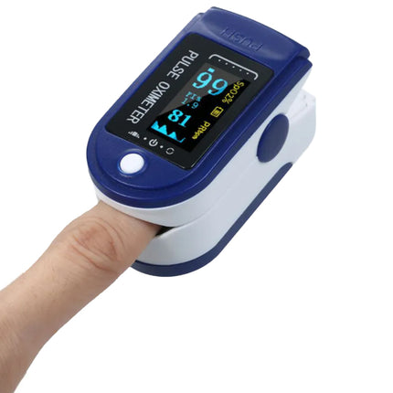 Finger pulse oximeter being used on a finger with a white background