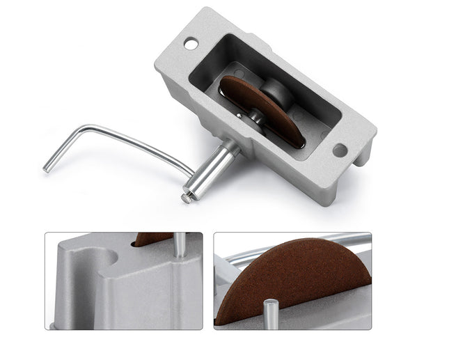 Metallic sink drain assembly with brown rubber washer on a white background