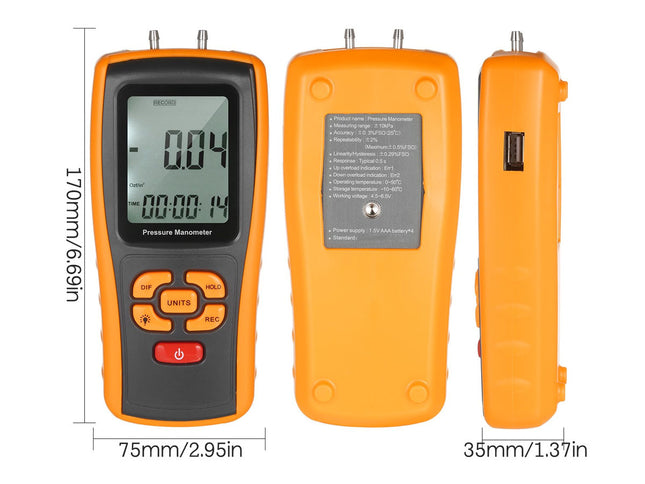 Orange pressure manometer with digital display and measurement details on a white background