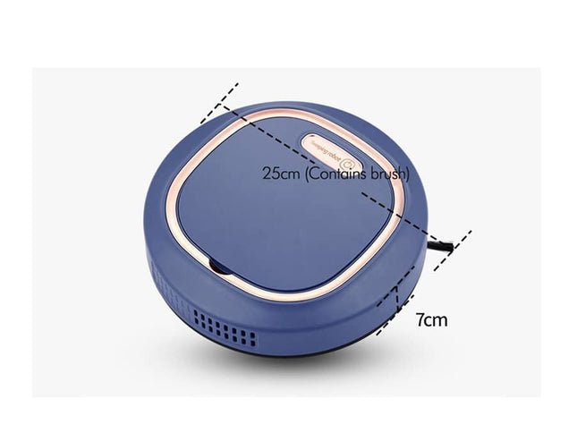 Blue robot vacuum cleaner with measurements on a white background