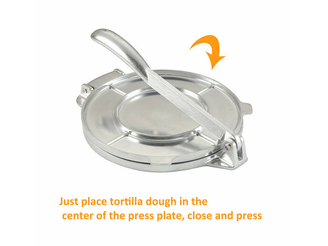Metal tortilla press with instructions on a white background
