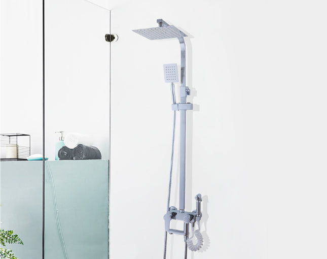 Chrome shower set with rain shower head and handheld shower against a white background