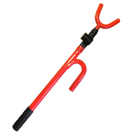 Red metal tool with black handles on a white background