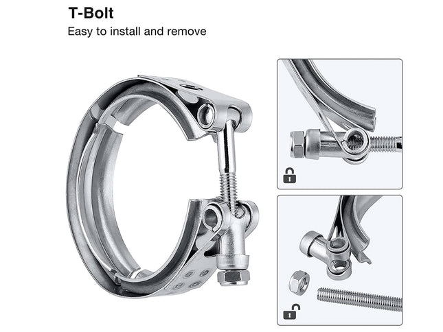 T-Bolt clamp with installation details on a white background