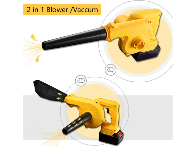 2-in-1 blower/vacuum tool with yellow and black design on a white background