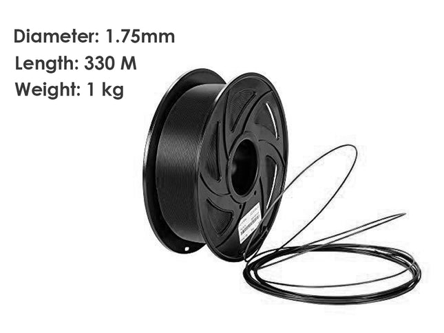 Spool of black filament with specifications on a white background
