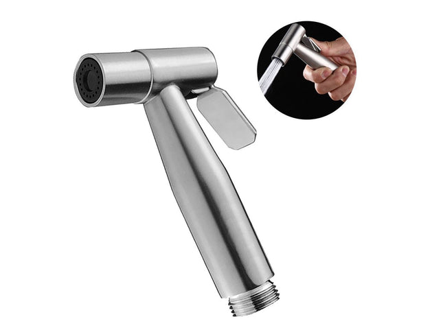 Handheld shower head with a close-up inset showing its use.