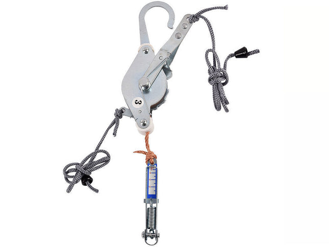 Retractable rope with hook and measuring scale on a white background