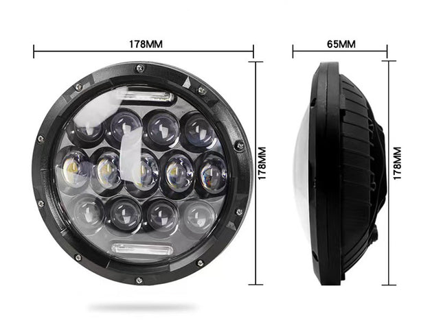 Measurement chart of a round vehicle headlight with dimensions labeled.