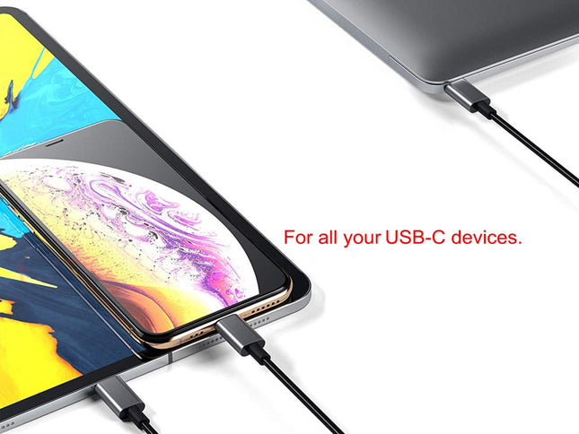 Smartphone and tablet connected to a charging cable with text 'For all your USB-C devices.'