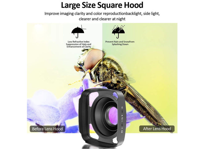 Camera lens hood with a bee illustration showing before and after effects