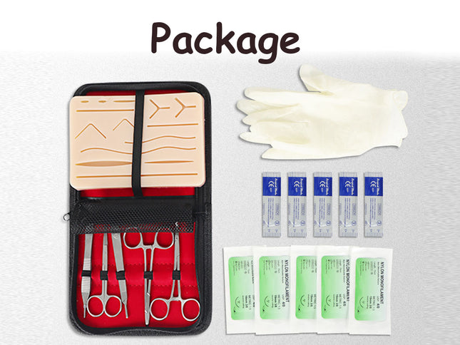 First aid kit package with bandages, scissors, and other supplies on a white background