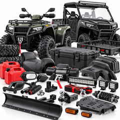 An assortment of ATV and UTV parts and accessories, including an ATV, a side-by-side vehicle, spare tires, a snowplow blade, a winch, LED light bars, fuel cans, a storage box, and suspension parts on a white background.