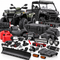 An assortment of ATV and UTV parts and accessories, including an ATV, a side-by-side vehicle, spare tires, a snowplow blade, a winch, LED light bars, fuel cans, a storage box, and suspension parts on a white background.