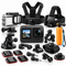 An assortment of action camera gear and mounting accessories, including an action camera, a waterproof housing, a chest strap, a head strap, a floating hand grip, mounts, and adhesive pads on a white background.