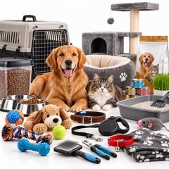 An assortment of pet supplies and accessories for dogs and cats, featuring a golden retriever, a cat, pet food, a pet carrier, a cat tree, toys, grooming tools, and a litter box on a white background.