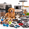 An assortment of pet supplies and accessories for dogs and cats, featuring a golden retriever, a cat, pet food, a pet carrier, a cat tree, toys, grooming tools, and a litter box on a white background.