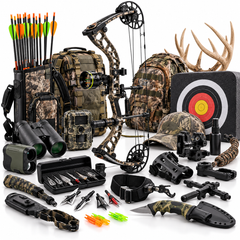 An assortment of archery and hunting gear, including a compound bow, arrows, hunting backpacks, a target, binoculars, a rangefinder, broadheads, a knife, a hat, and deer antlers on a white background.