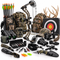 An assortment of archery and hunting gear, including a compound bow, arrows, hunting backpacks, a target, binoculars, a rangefinder, broadheads, a knife, a hat, and deer antlers on a white background.