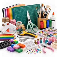 An assortment of arts, crafts, and DIY supplies, including colored paper, a cutting mat, scissors, a hot glue gun, paints, markers, beads, ribbons, and a rotary cutter on a white background.