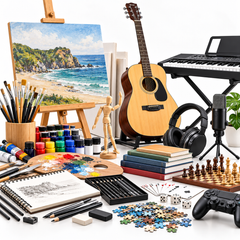 An assortment of creative hobbies and entertainment items, including art supplies, an acoustic guitar, a keyboard, games, and electronics on a white background.