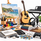 An assortment of creative hobbies and entertainment items, including art supplies, an acoustic guitar, a keyboard, games, and electronics on a white background.