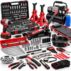 An assortment of automotive tools and equipment, including a hydraulic floor jack, jack stands, socket sets, wrenches, a creeper, an air compressor, a power drill, hammers, pliers, and a torque wrench on a white background.