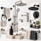 An assortment of bathroom hardware and fixtures, including a shower system, faucets, shower heads, towel bars, a toilet paper holder, soap dispensers, a soap dish, a shower caddy, and towels on a white background.