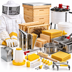 An assortment of beekeeping equipment and supplies, including a bee suit, beehive boxes, frames, a honey extractor, a smoker, beeswax sheets, a feeder, and tools on a white background.