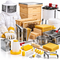 An assortment of beekeeping equipment and supplies, including a bee suit, beehive boxes, frames, a honey extractor, a smoker, beeswax sheets, a feeder, and tools on a white background.
