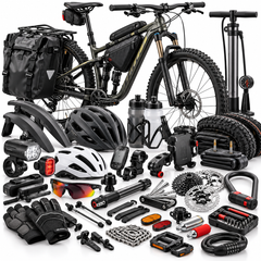 An assortment of bicycle gear and accessories, including a mountain bike, pannier bags, helmets, bike pump, bike locks, lights, gloves, tools, and spare parts on a white background.