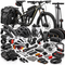 An assortment of bicycle gear and accessories, including a mountain bike, pannier bags, helmets, bike pump, bike locks, lights, gloves, tools, and spare parts on a white background.