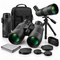 An assortment of optics and viewing gear, including binoculars, a spotting scope on a tripod, a monocular, a carrying case, lens caps, a strap, and a cleaning cloth on a white background.